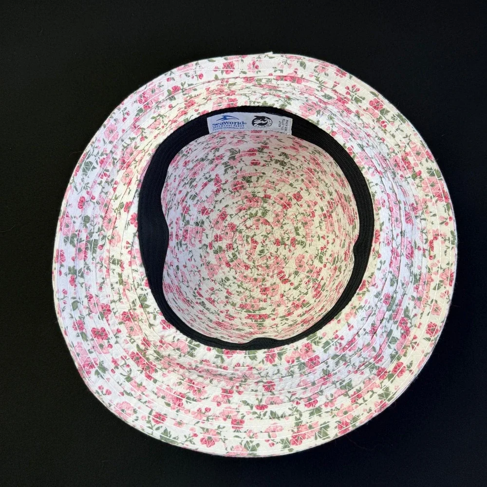 SeaWorld Floral Sun Hat Adult OS Pink White Braided 100% Cotton Wide Brim Beach